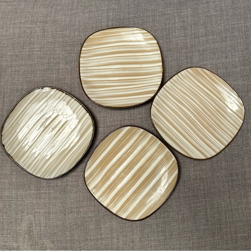 Vtg 70’s KASUGA SHOWA Japan 4-pcs Handcrafted Square Stoneware Plates#0105269